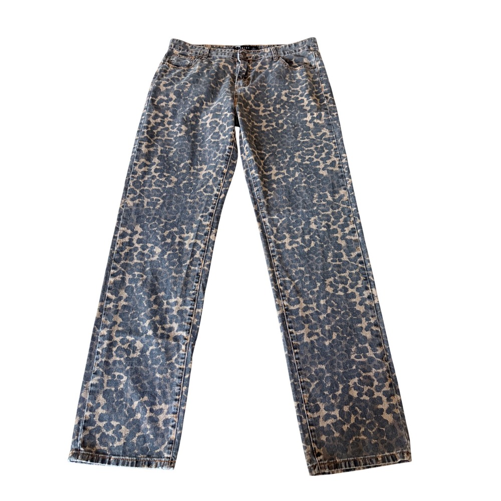 Lioness Leopard Print Straight Leg Jeans XL Black Tan Distressed High Rise Denim